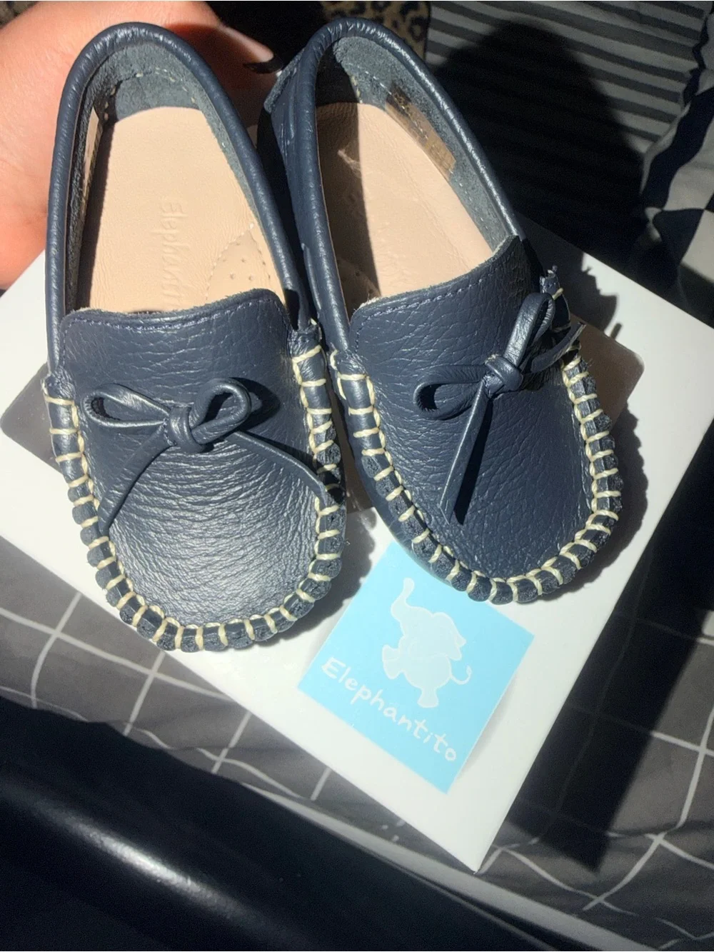 Elephantito Navy Leather Baby Moccasins with Contrast Stitch